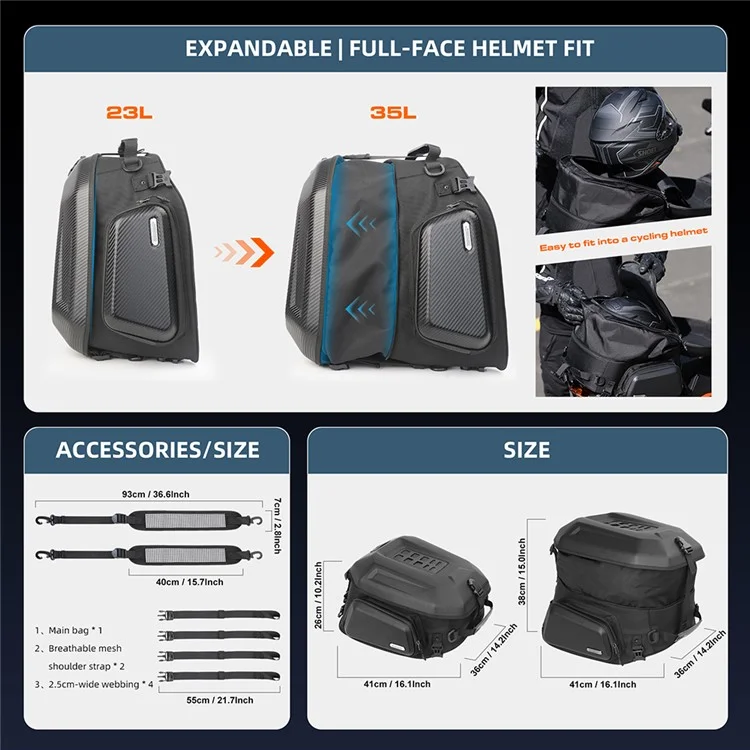 RHINOWALK MT2335 23L-35L Erweiterbare Hart-Motorrad-Taschenhalterung Polyester-Rucksack Schultertasche - Kohlefasertextur
