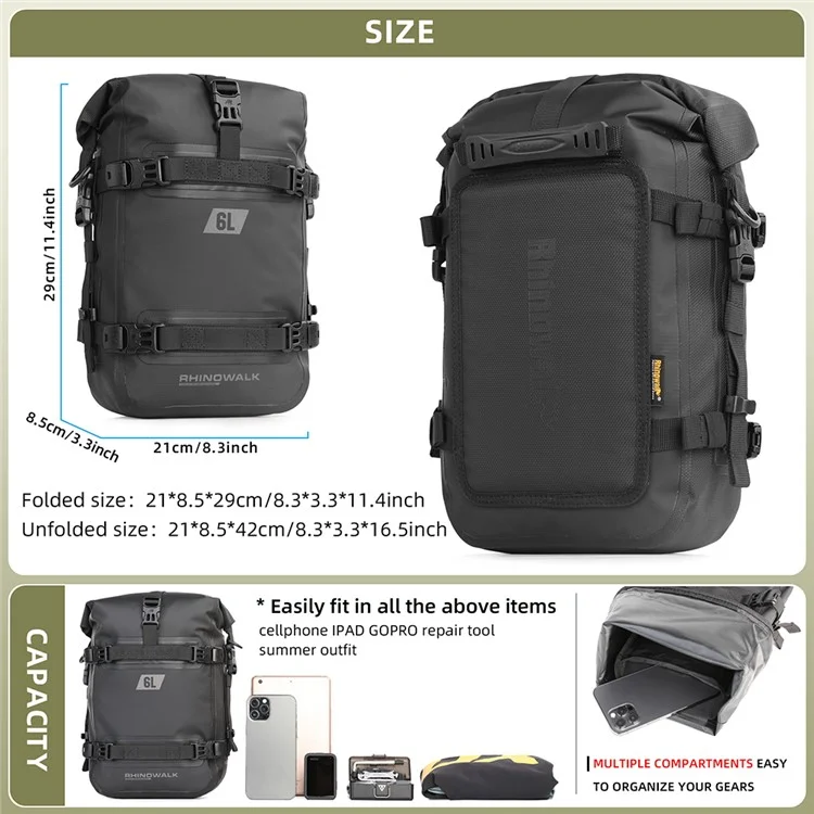 RHINOWALK MT2206 6L Waterproof Motorcycle Side Storage Bag Motorbike Side Bumper Bag - Black