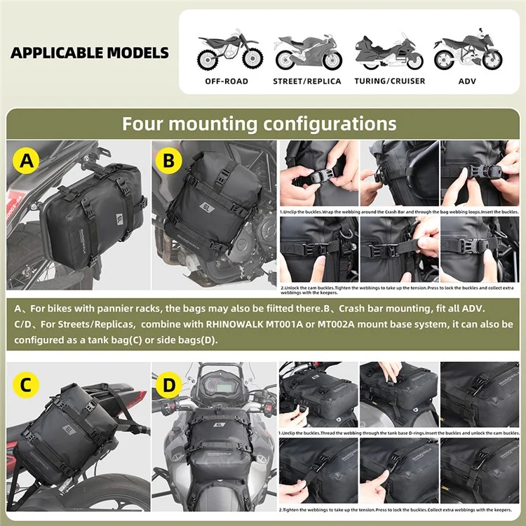 RHINOWALK MT2206 6L Waterproof Motorcycle Side Storage Bag Motorbike Side Bumper Bag - Black