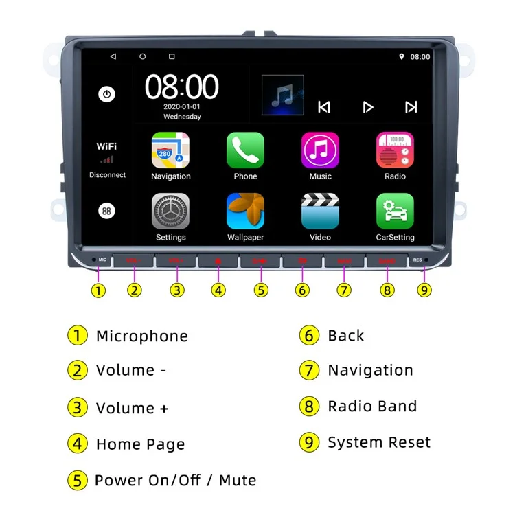 RH-753F For Golf MK5 / Polo / Passat / Jetta 1G+32G 9-inch HD Multimedia Player Car FM Radio Android 13 Carplay Music Video Player