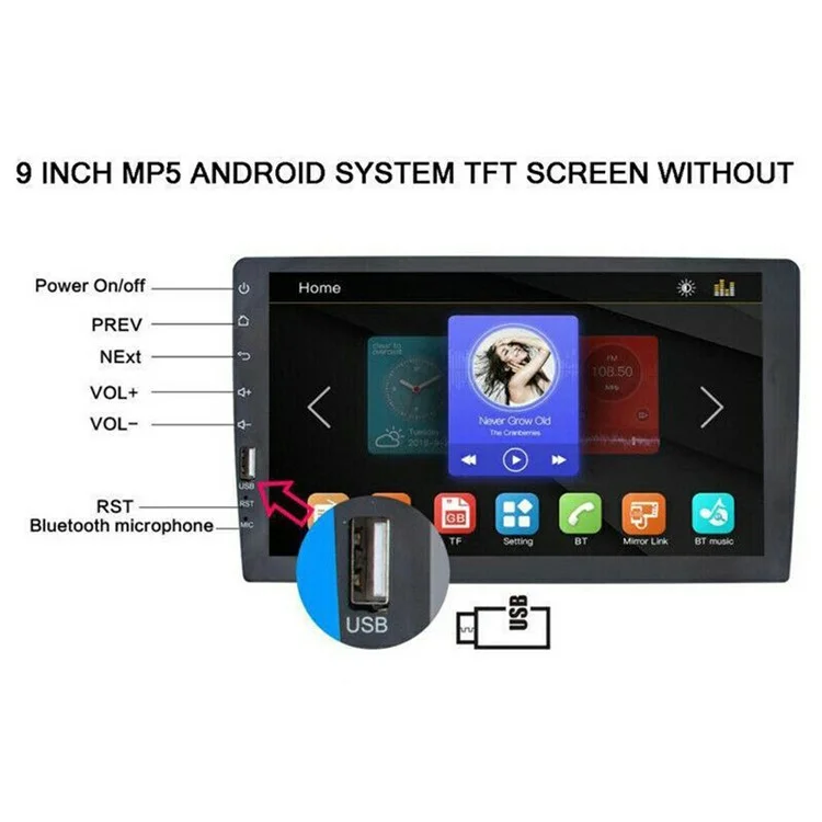 RH752A para Coche Reproductor Multimedia MP5 con Pantalla Táctil de 9 Pulgadas, Bluetooth, Radio FM