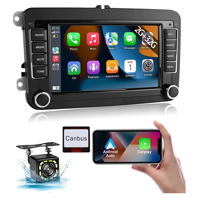 7" Android 15-bilradio 2G+32G med CarPlay, Android GPS-navigation og 12-LED-back-up-kamera, autospiller til Volkswagen Golf MK5 / Polo Passat Jetta
