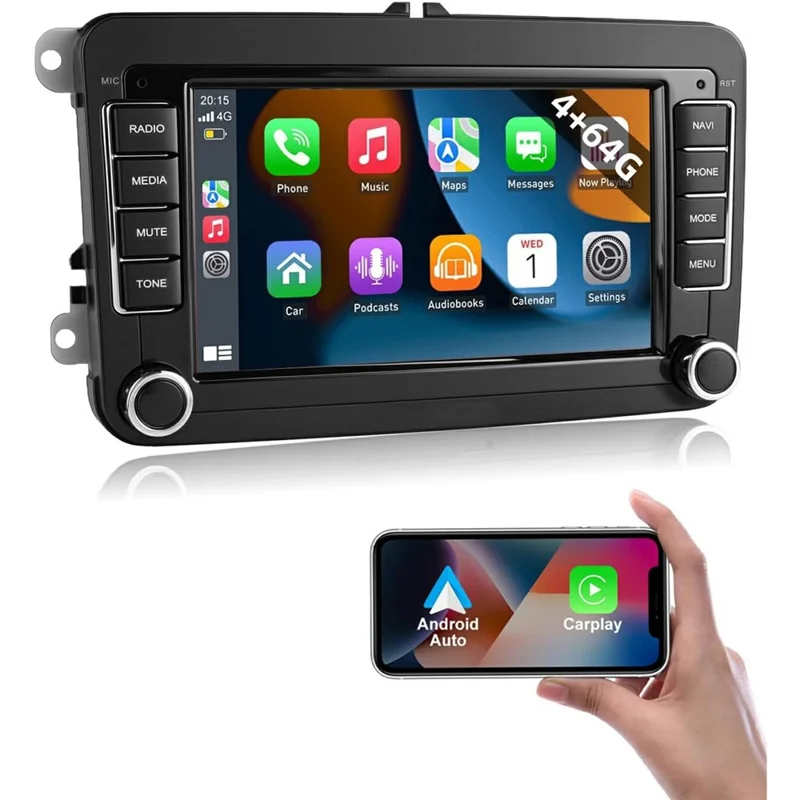 7-tommers Android 15 bilradio 4G+64G CarPlay-afspiller Android GPS-navigation 12-LED-backkamera Auto-afspiller til Volkswagen Golf MK5 / Polo Passat Jetta
