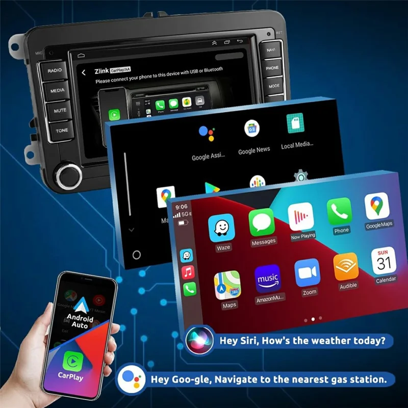 7-tommers Android 15 bilradio 4G+64G CarPlay-afspiller Android GPS-navigation 12-LED-backkamera Auto-afspiller til Volkswagen Golf MK5 / Polo Passat Jetta