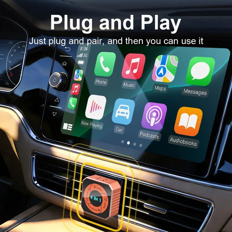 K6 Plus 4 in 1 Wireless CarPlay Adapter USB-A Plug and Play Car Receiver for Wired to Wireless Conversion - Orange