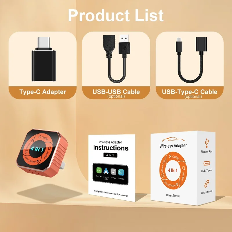 K6 Plus 4 in 1 Wireless CarPlay Adapter USB-A Plug and Play Car Receiver for Wired to Wireless Conversion - Orange