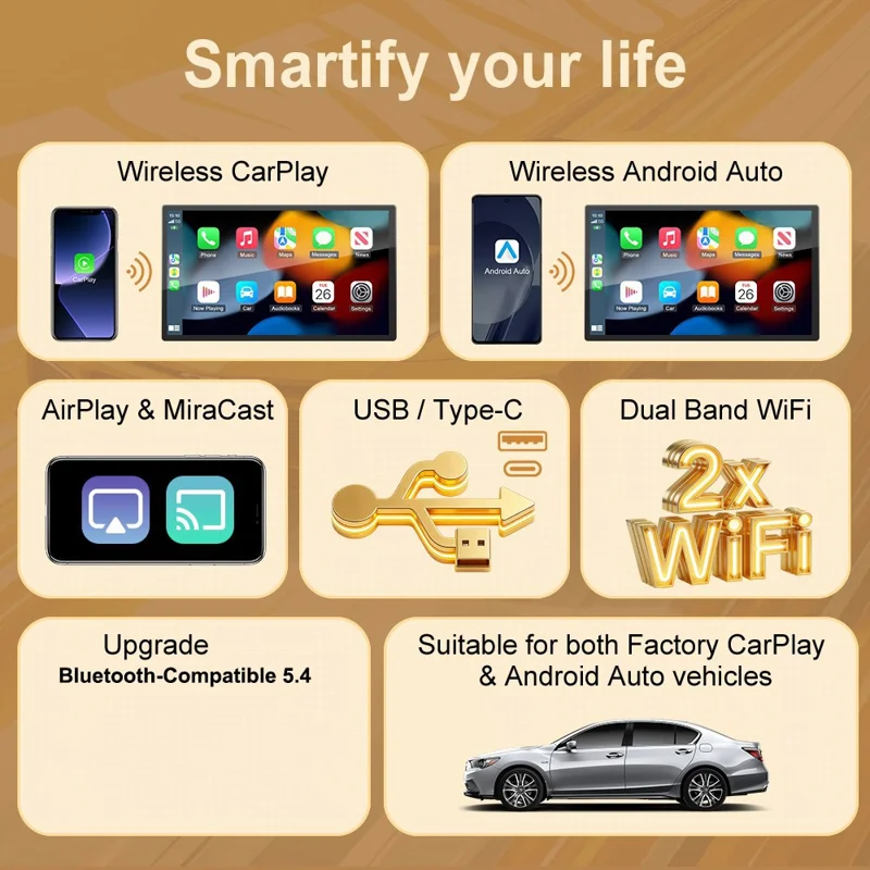 K6 Plus 4 in 1 Wireless CarPlay Adapter USB-A Plug and Play Car Receiver for Wired to Wireless Conversion - Orange
