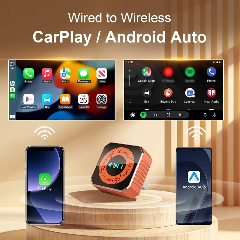 K6 Plus 4 in 1 Wireless CarPlay Adapter USB-A Plug and Play Car Receiver for Wired to Wireless Conversion - Orange