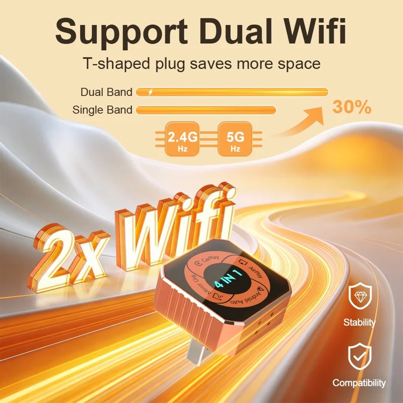 K6 Plus 4 in 1 Wireless CarPlay Adapter USB-A Plug and Play Car Receiver for Wired to Wireless Conversion - Orange