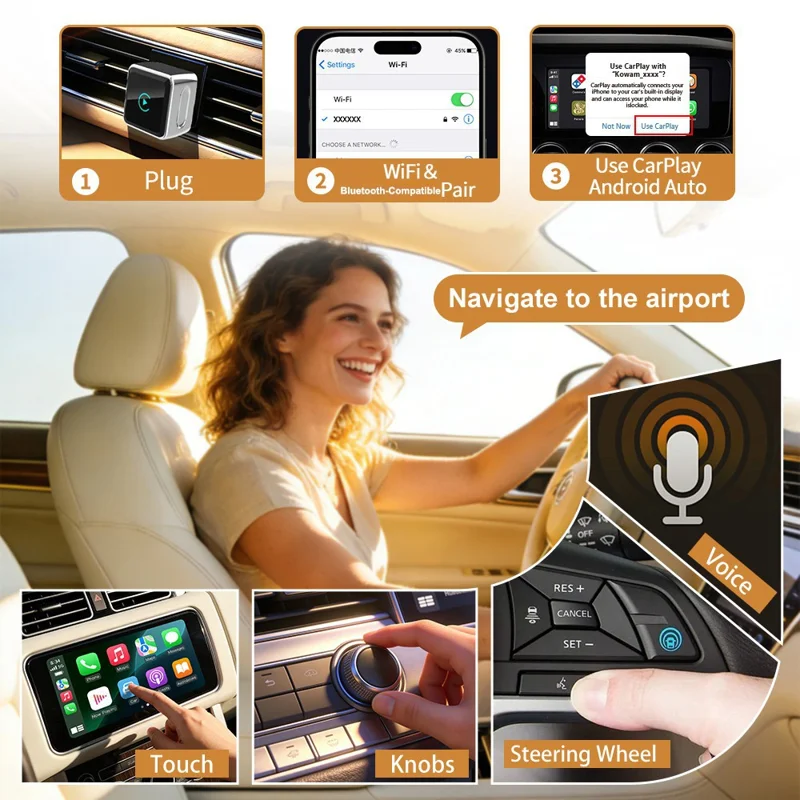 K6 Plus 4 in 1 Wireless CarPlay Adapter USB-A Plug and Play Car Receiver for Wired to Wireless Conversion - Orange