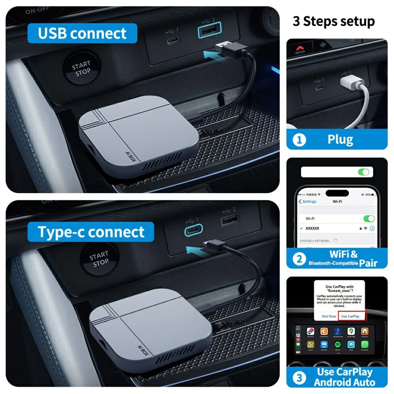 Adaptateur K712 4+32 Go Boîtier AI Wireless CarPlay Android Auto pour véhicules iPhone Android - Argent