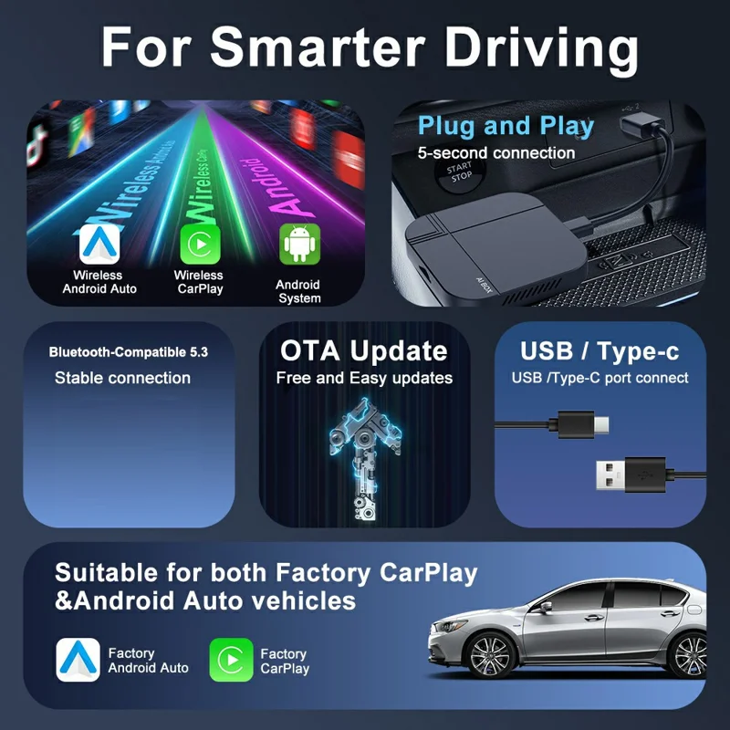 K712 4+32GB Wireless CarPlay Android Auto AI Box Adapter for iPhone Android Vehicles - Black