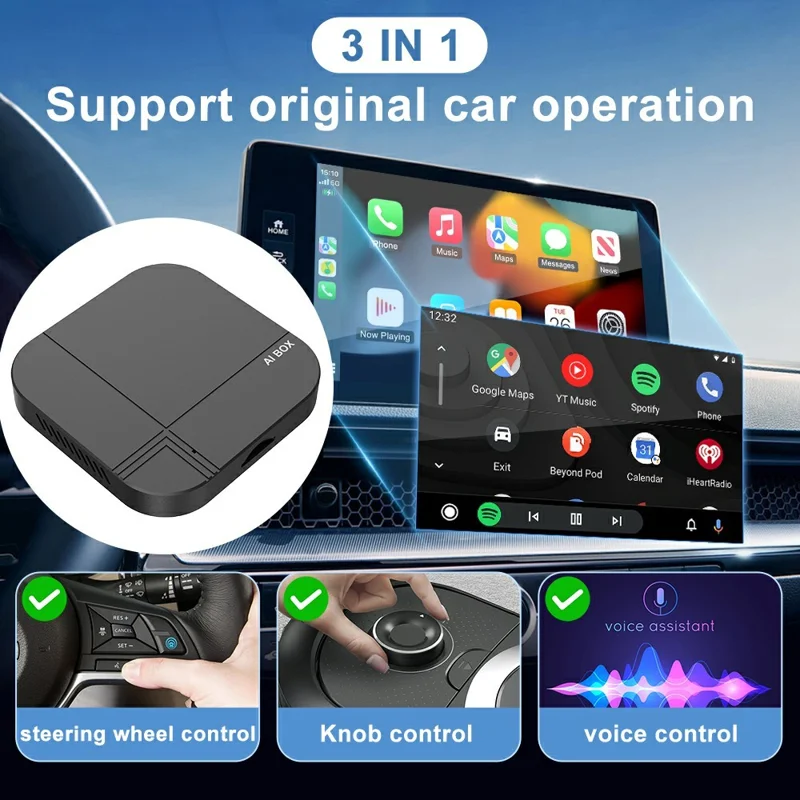K712 4+32GB Wireless CarPlay Android Auto AI Box Adapter for iPhone Android Vehicles - Black