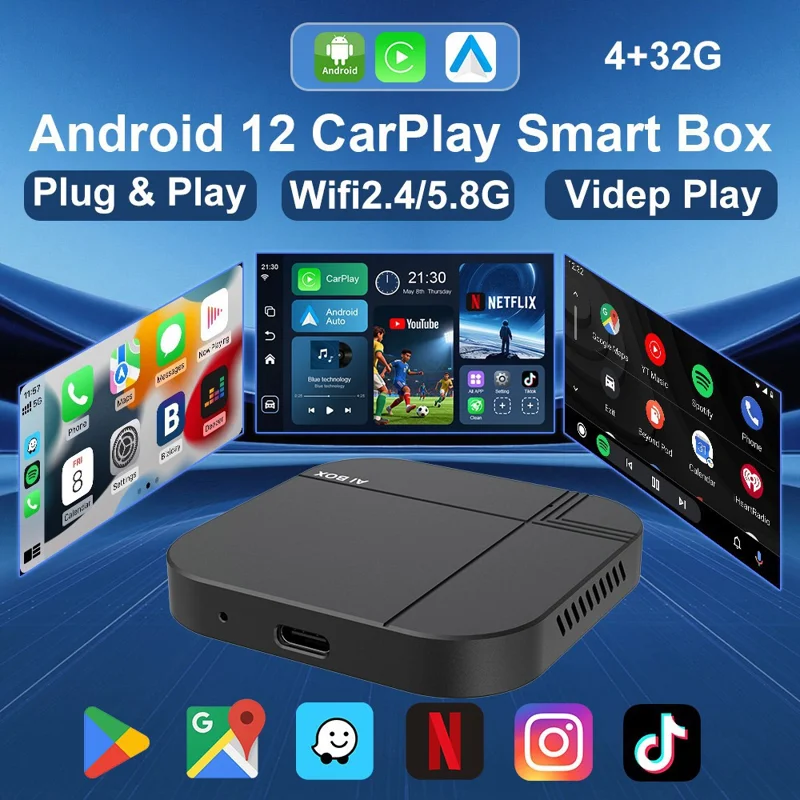 K712 4+32GB Wireless CarPlay Android Auto AI Box Adapter for iPhone Android Vehicles - Black