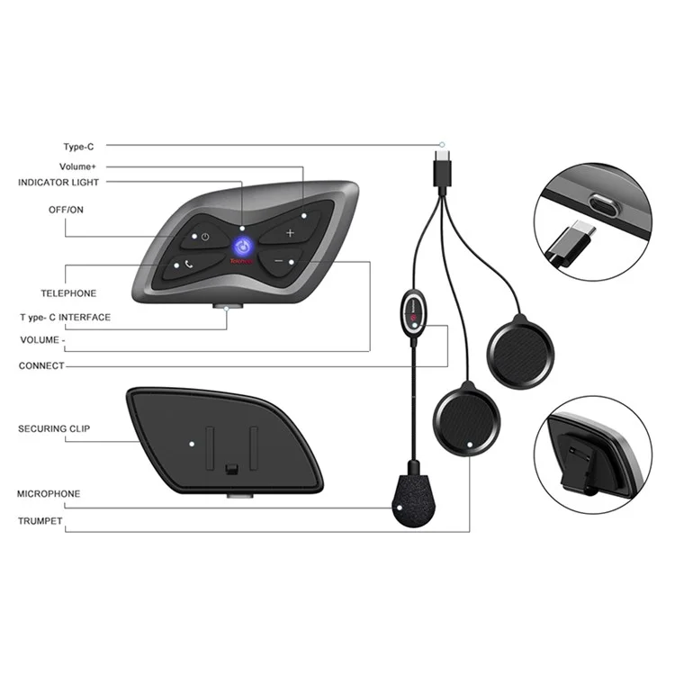 Teleheer T6plus Motorcycle Capacete Bluetooth Fone De Ouvido Ao Ar Livre Fone De Automóvel À Prova D'água No Fone De Ouvido Esportivo