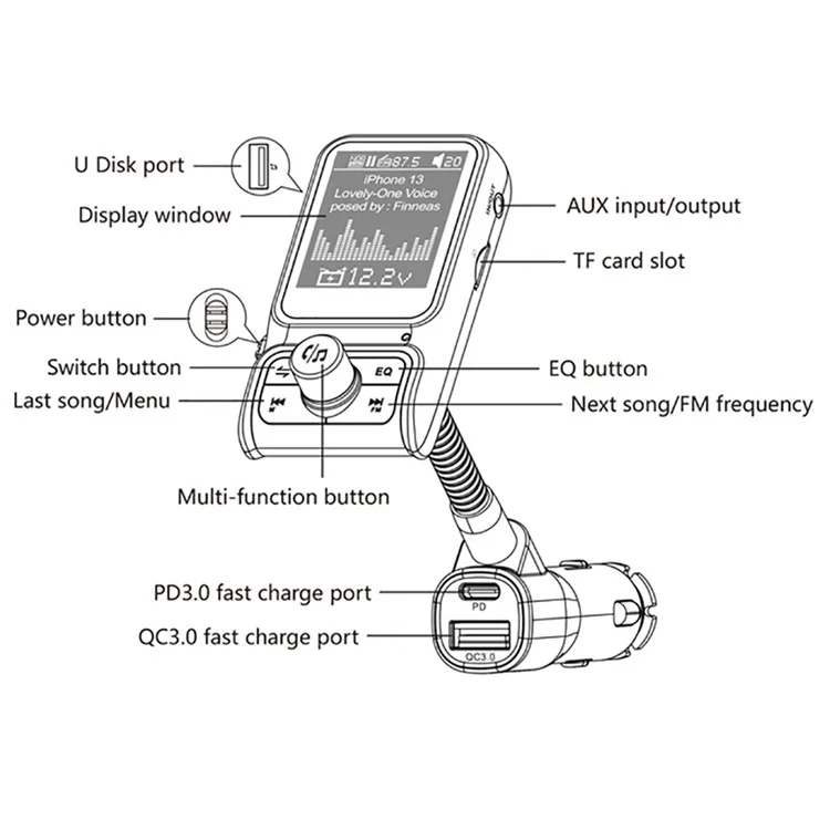BC85 Car Bluetooth-compatible Player QC3.0 / PD Fast Charger 1.77" Color Screen Car FM Transmitter Support EQ Sound Adjustment