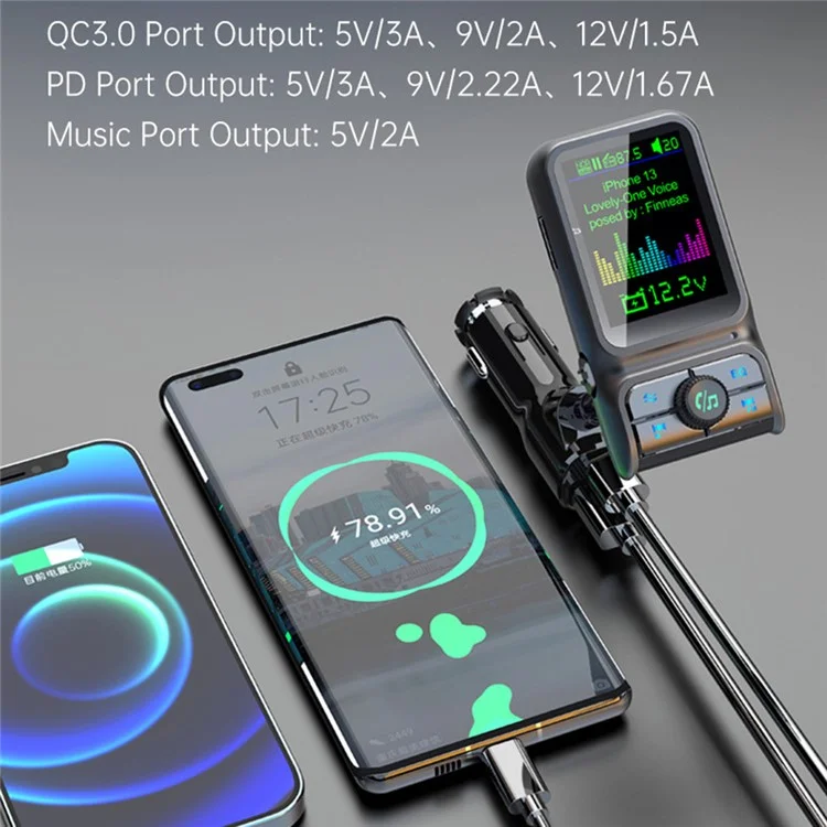 BC85 Car Bluetooth-compatible Player QC3.0 / PD Fast Charger 1.77" Color Screen Car FM Transmitter Support EQ Sound Adjustment