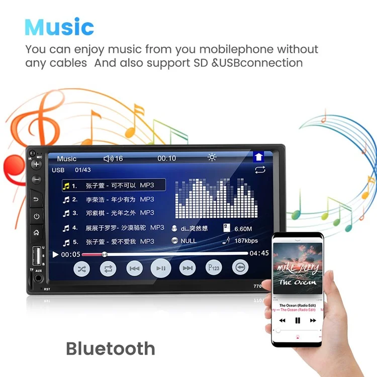 7701B 7-inch MP5 Carplayer Navigator Center Console Video Recorder with Radio (FM) / AUX  / Bluetooth Functions