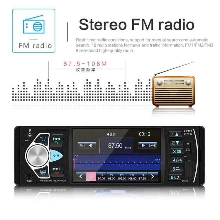 4022D 4.1-inch Car Stereo MP5 Car Player Bluetooth FM Audio Stereo Radio with Steering Wheel Remote