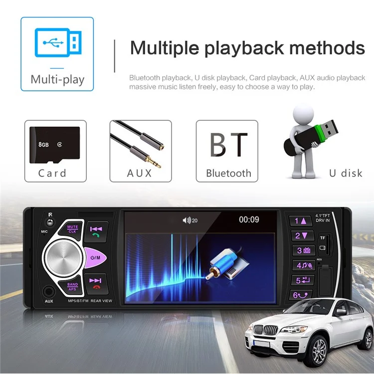 4022D 4.1-inch Car Stereo MP5 Car Player Bluetooth FM Audio Stereo Radio with Steering Wheel Remote