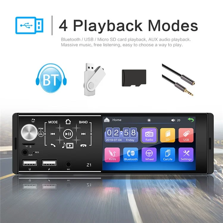Z1 4.1-inch HD Touch Screen Wireless Bluetooth-compatible Car Radio MP5 Player with 7 Color Button Lights (No Battery)