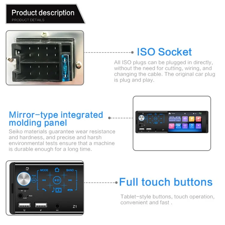 Z1 4.1-inch HD Touch Screen Wireless Bluetooth-compatible Car Radio MP5 Player with 7 Color Button Lights (No Battery)