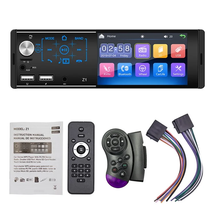 Z1 4.1-inch HD Touch Screen Wireless Bluetooth-compatible Car Radio MP5 Player with 7 Color Button Lights (No Battery)