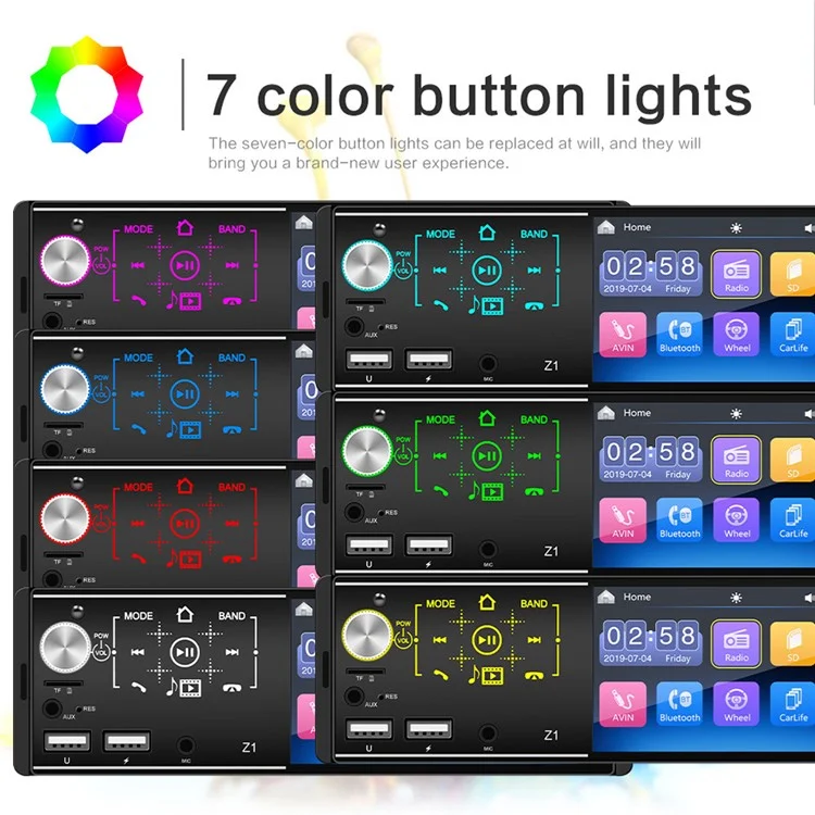 Z1 4.1-inch HD Touch Screen Wireless Bluetooth-compatible Car Radio MP5 Player with 7 Color Button Lights (No Battery)