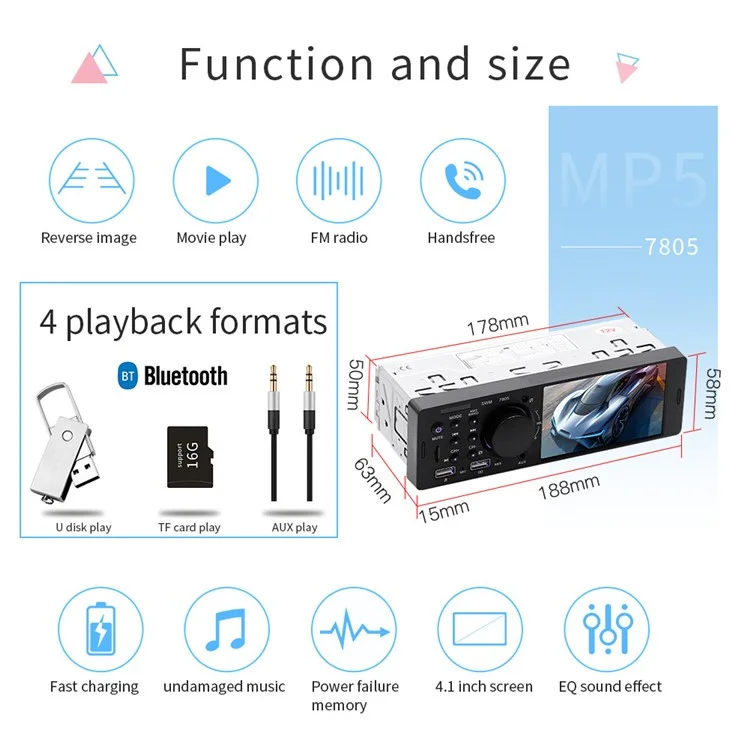 7805 autoradio Car MP5 Player HD schermo da 4.1 pollici FM Stereo Audio con porta di ricarica USB (senza batteria)