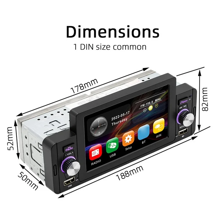 SWM-160 5 Polegadas HD Display MP5 Player Bluetooth 5.0 Mãos de Áudio de Áudio de Carro Mãos Rádio FM Embutido (sem Bateria)