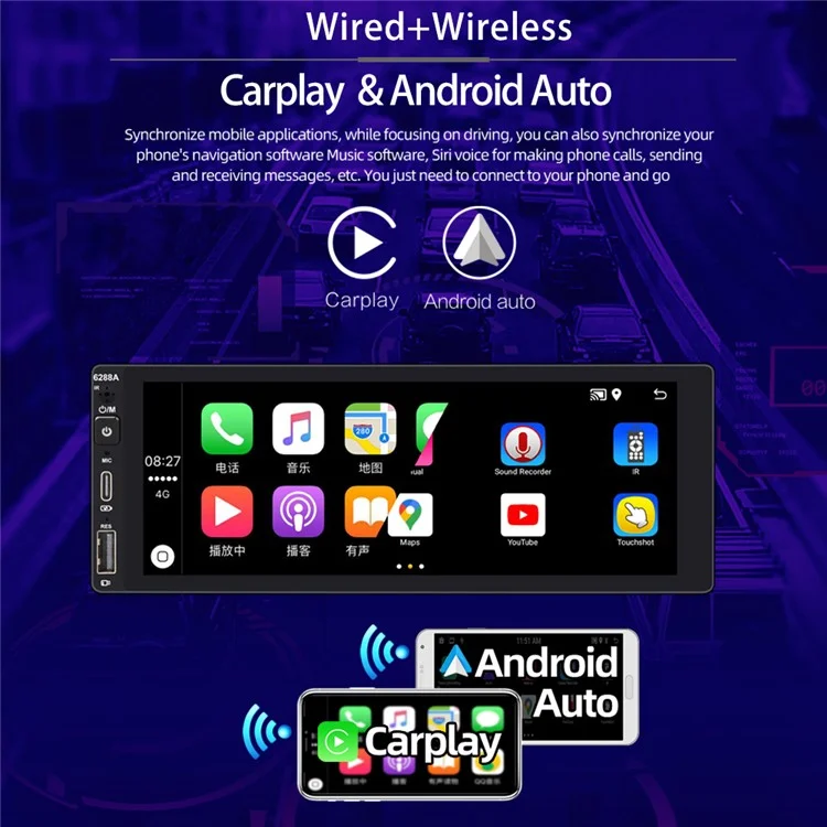 6288A 6.9-inch IPS Screen Android Wireless Car Play Mobile Phone Bluetooth-compatible Player 2+32G