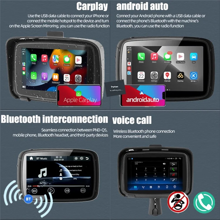 PND-Q5 5-inch Wireless Car Play Portable Motorcycle Navigator Bluetooth-compatible HD Video Playback