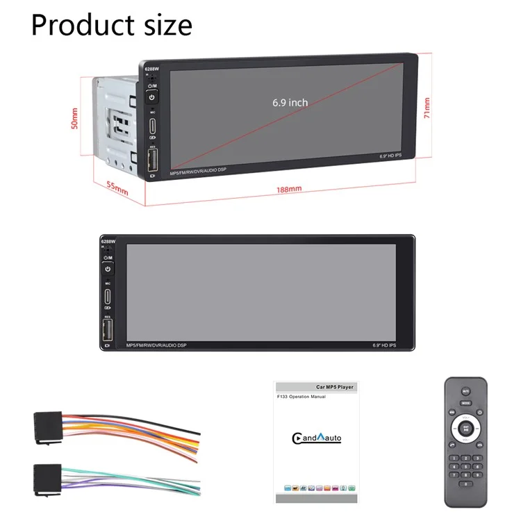 6288W 6.9 pulgadas Pantalla IPS Coche Inalámbrico Play Single DIN Capacitivo Bluetooth MP5 Player