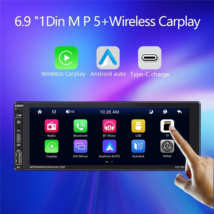 6288W 6.9 pulgadas Pantalla IPS Coche Inalámbrico Play Single DIN Capacitivo Bluetooth MP5 Player