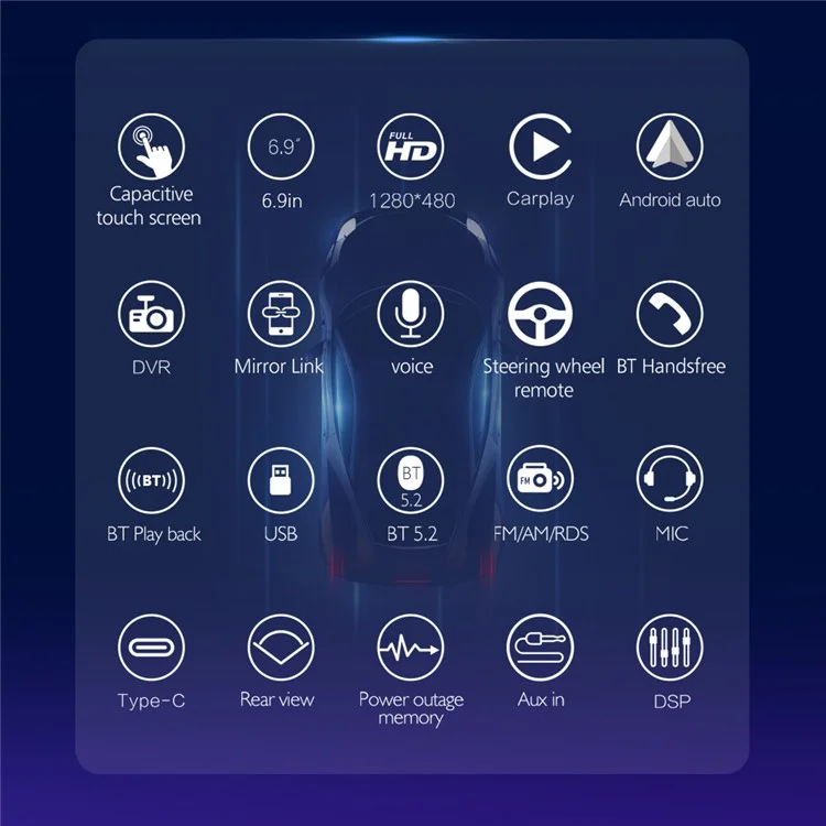 6288W 6.9 pulgadas Pantalla IPS Coche Inalámbrico Play Single DIN Capacitivo Bluetooth MP5 Player