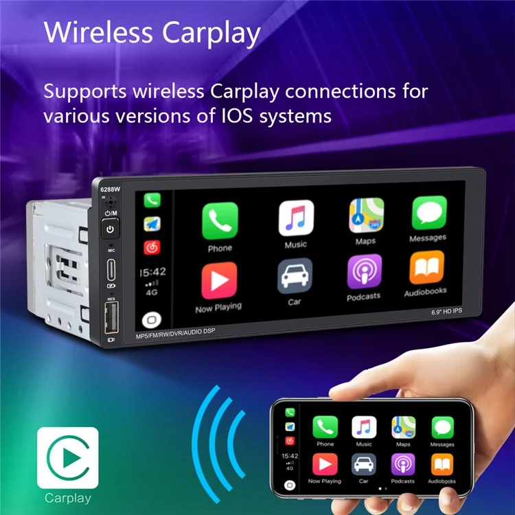 6288W 6.9 pulgadas Pantalla IPS Coche Inalámbrico Play Single DIN Capacitivo Bluetooth MP5 Player