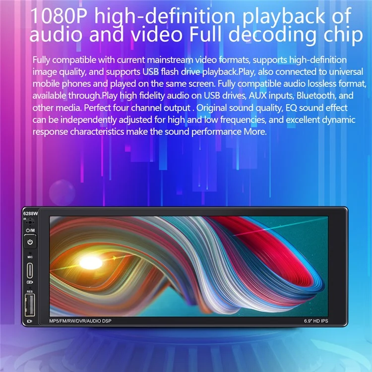 6288W 6,9-дюймовый IPS Screen Screen Car Play Single Din Din-емкость Bluetooth MP5 Player