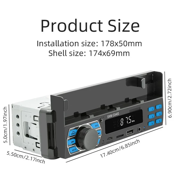 SWM D3400 Bluetooth-compatible Stereo In-dash Car Audio FM Radio MP3 Player with Phone Holder Design, Support U-disk