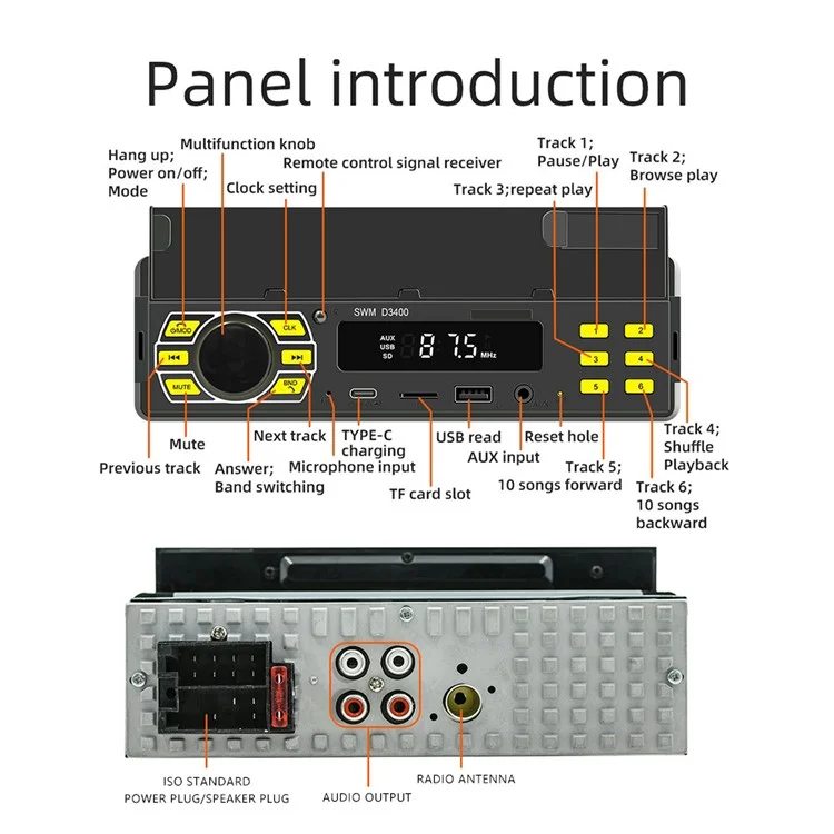 SWM D3400 Bluetooth-compatible Stereo In-dash Car Audio FM Radio MP3 Player with Phone Holder Design, Support U-disk