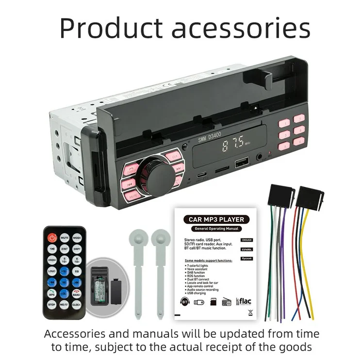 SWM D3400 Bluetooth-compatible Stereo In-dash Car Audio FM Radio MP3 Player with Phone Holder Design, Support U-disk