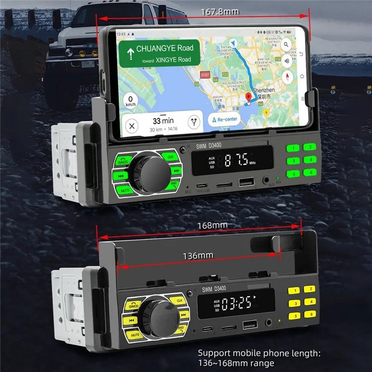SWM D3400 Bluetooth-compatible Stereo In-dash Car Audio FM Radio MP3 Player with Phone Holder Design, Support U-disk