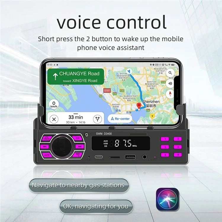 SWM D3400 Bluetooth-compatible Stereo In-dash Car Audio FM Radio MP3 Player with Phone Holder Design, Support U-disk
