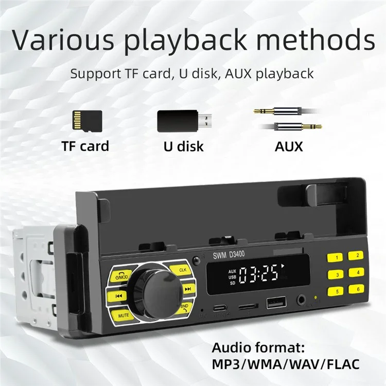 SWM D3400 Bluetooth-compatible Stereo In-dash Car Audio FM Radio MP3 Player with Phone Holder Design, Support U-disk