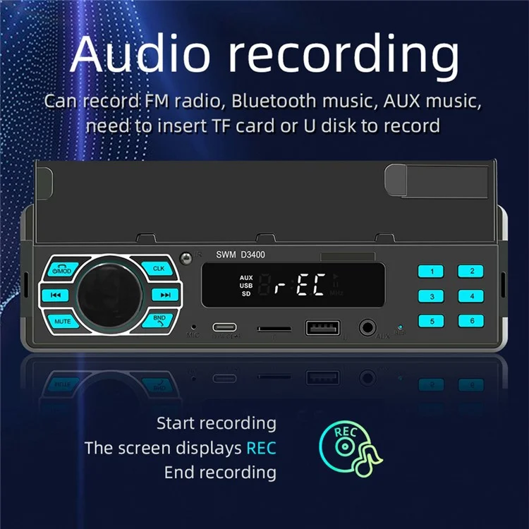SWM D3400 Bluetooth-compatible Stereo In-dash Car Audio FM Radio MP3 Player with Phone Holder Design, Support U-disk