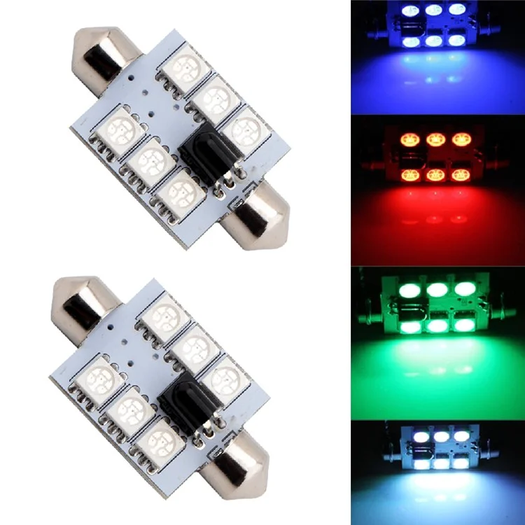 2Pcs RGB 6SMD Car LED Dome Interior Lamp Auto Remote Control Colorful Reading Light Roof Trunk Bulb - 31mm