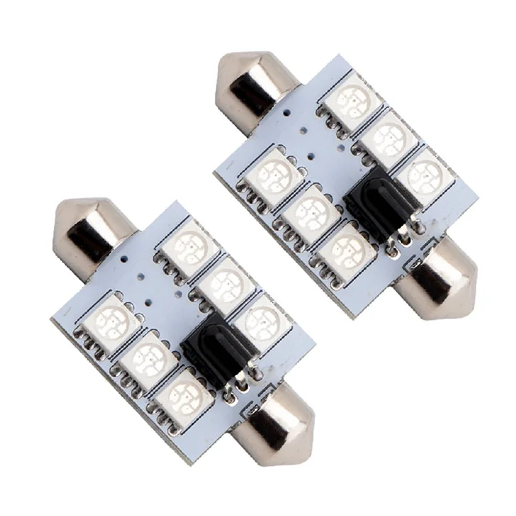 2Pcs RGB 6SMD Car LED Dome Interior Lamp Auto Remote Control Colorful Reading Light Roof Trunk Bulb - 31mm