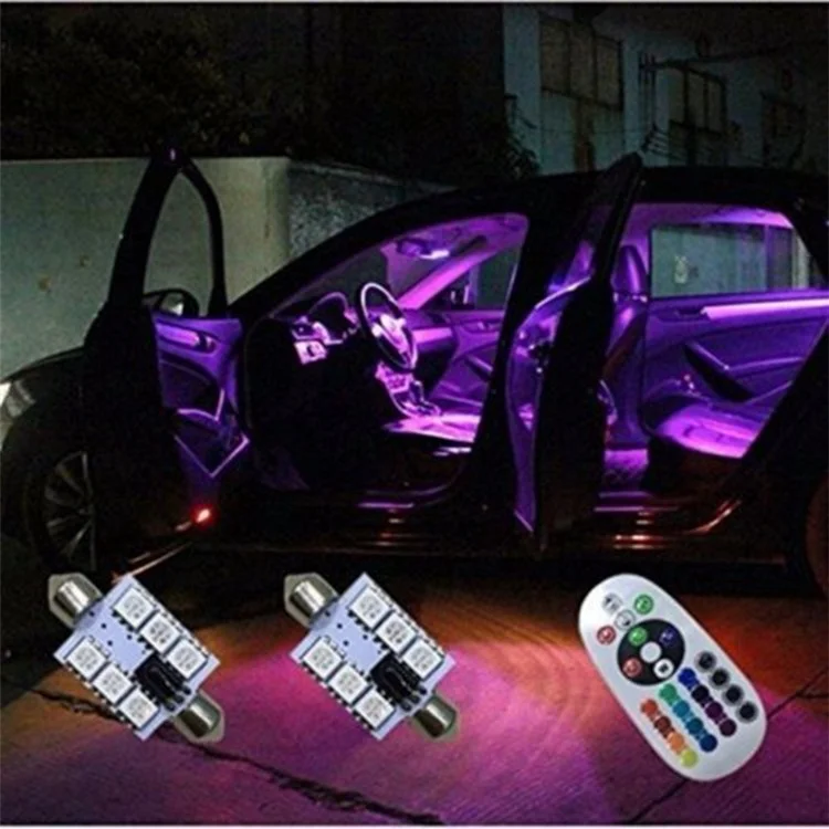 2Pcs RGB 6SMD Car LED Dome Interior Lamp Auto Remote Control Colorful Reading Light Roof Trunk Bulb - 31mm