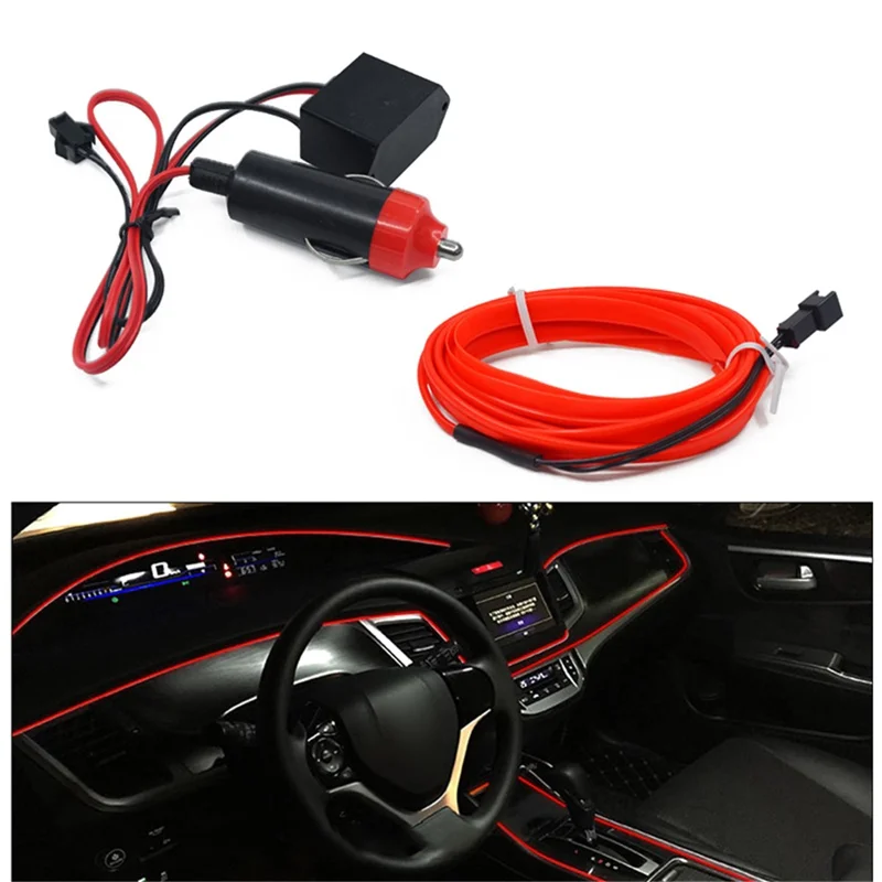5m Cigarette Lighter EL Strip Light for Car Decoration Ambient Lights Glowing Rope Light with Driver - Red