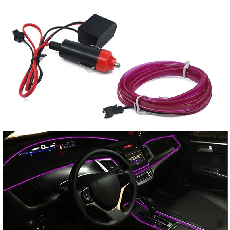 5m Cigarette Lighter EL Strip Light for Car Decoration Ambient Lights Glowing Rope Light with Driver - Purple