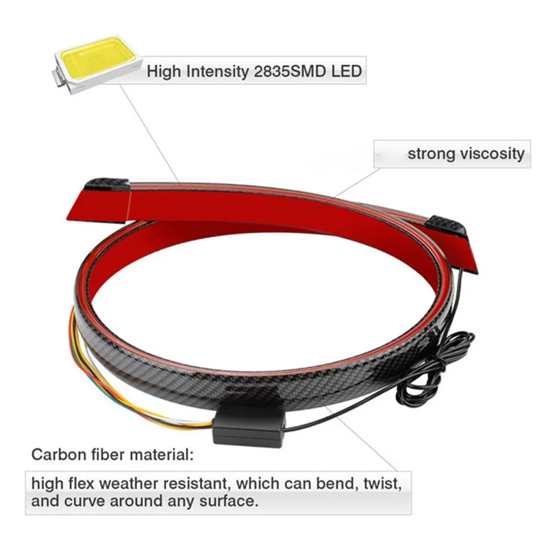 Taśma LED z włókna węglowego PVC do tylnego spoilersa samochodu, lampka sygnalizacyjna, kierunkowskaz, światło hamowania